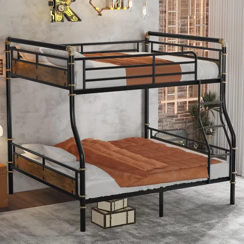KEIKI Litera desmontable de metal tamaño matrimonial XL con escaleras, cabecera de MDF y barandilla, literas modernas con listones sólidos, no