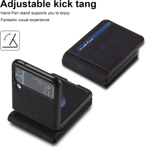 Miniatura 3 de Funda de piel con tapa para Samsung Galaxy Z Flip 3, con protección de bisagra, delgada y magnética tipo cartera [1 tarjetero], funda protectora a