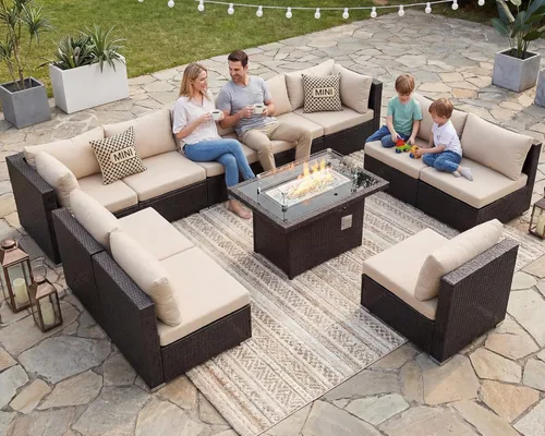 Miniatura 11 de BULEXYARD Juego de muebles de patio de respaldo alto de 7 piezas con mesa de fogata de combustible dual propano/gas natural, sofá seccional