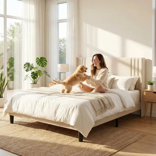 Miniatura 3 de Gizoon Base de cama matrimonial con cabecera de ala, plataforma tapizada con cabecera geométrica moderna, listones de madera, sin ruido, no necesita