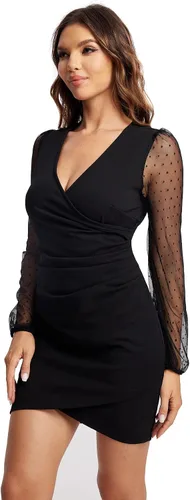 Miniatura 3 de WDIRARA Vestido corto ajustado de malla de manga larga con cuello cuadrado para mujer
