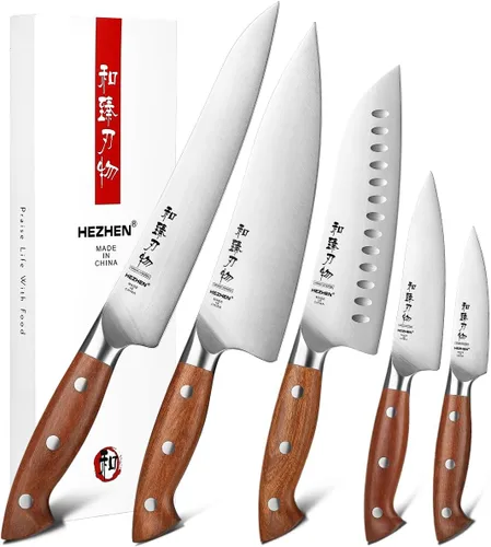 Miniatura 17 de HEZHEN Juego de 8 piezas de cuchillos de cocina con bloque, juego de cuchillos de acero alemán DIN 1.4116 con bloque y afilador, tijera de cocina