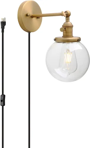 Miniatura 23 de PERMO Iluminación de candelabro de pared industrial vintage con sombra de globo de vidrio transparente redondo de 5,9" soplado a mano (Negro)