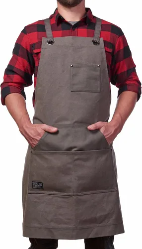 Hudson Durable Goods Delantal de trabajo de lona encerada de alta resistencia con bolsillos para herramientas (negro), correas cruzadas en la Gris