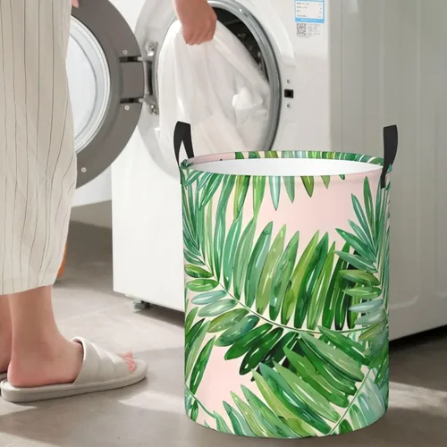 Miniatura 7 de Cesta de lavandería con hojas de palmera, organizador circular con asas para baño, dormitorio