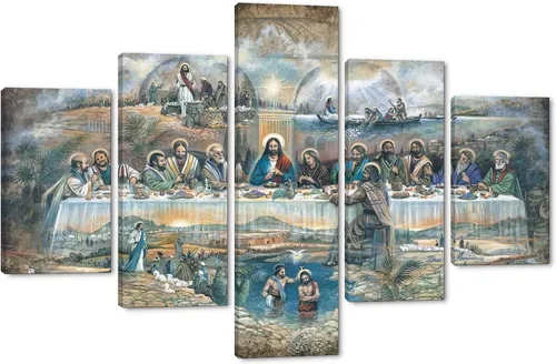 Miniatura 13 de The Last Supper - Pintura sobre lienzo para pared de sala de estar, 5 piezas, arte de pared de la última cena, retro, vintage, de madera, moderno