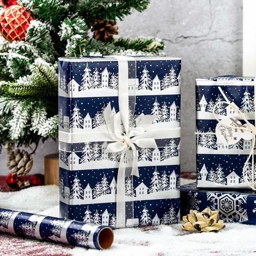 Miniatura 3 de MAYPLUSS Rollo de papel de regalo de Navidad, papel de regalo de 17 pulgadas x 16.5 pies con casa de árbol de Navidad azul marino copo de nieve