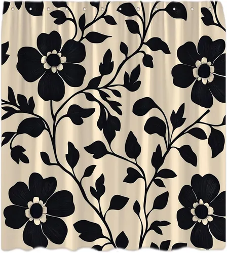 Cortina de ducha abstracta negra floral de mediados de siglo, vintage, bohemio, hojas de flores, plantas, retro, años 60, 70, estética, botánica,