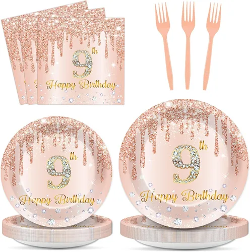 96 piezas de platos y servilletas de oro rosa para fiesta de cumpleaños número 9 para niñas, suministros de fiesta de oro rosa, juego de vajilla de