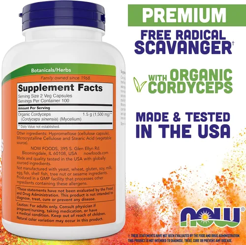 Miniatura 2 de NOW Foods Cordyceps 750mg 200 cápsulas vegetales – Hongo micelio Cordycep Sinensis orgánico en cápsulas no orgánicas – Vegano, sin OMG