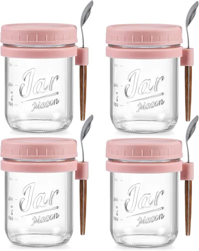 Miniatura 10 de LANDNEOO Paquete de 4 Recipientes para Avena Nocturna con Tapas y Cucharas, Frascos de Vidrio Mason de 16 oz con Tapas Herméticas, Frascos para Beige