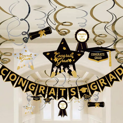 Decoraciones colgantes de espiral de graduación 2026 – Guirnalda de bandera de estrella negra dorada y plateada, 22 serpentinas de techo para fiesta