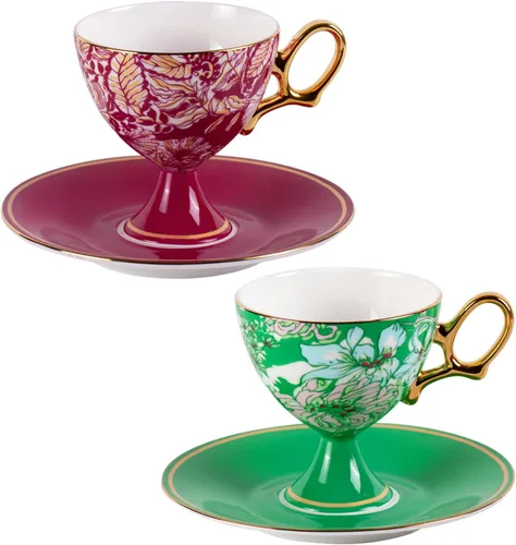 Miniatura 17 de KAMMAK Juego de 2 tazas de café de cerámica, tazas de café de porcelana con platillos, 6.52 onzas hechas a mano, elegante taza de té de porcelana