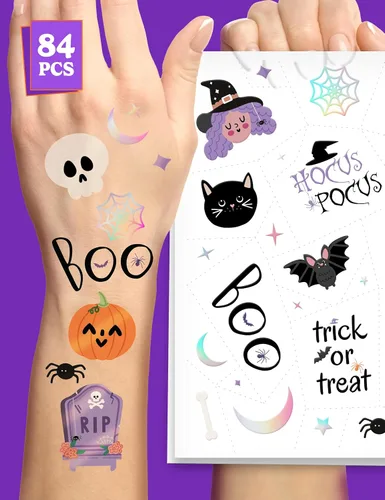 HOUSE OF PARTY Tatuajes temporales de Halloween para niños, 84 calcomanías de Hocus Pocus, tatuajes de murciélago, calcomanías de calavera, tatuajes
