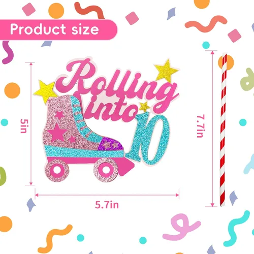 Miniatura 4 de Decoración para tartas con temática de décimo cumpleaños de 10 años, decoración de cumpleaños de 10 años para niñas, patinaje sobre ruedas, fiesta