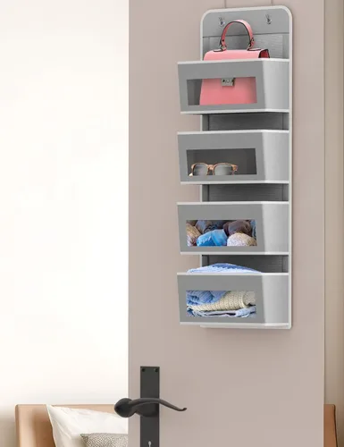 Miniatura 5 de Simple Houseware - Organizador con 4 bolsillos con ventana transparente para colgar en la puerta del armario, para dormitorio, baño, despensa, gris