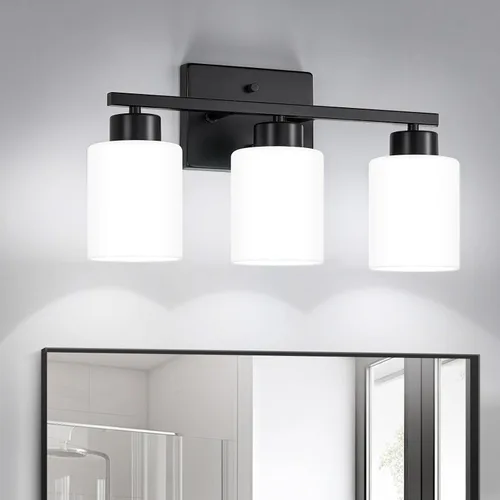 FonmYim Lámpara de baño negra, lámpara de tocador moderna de 3 luces sobre espejo, apliques de pared con pantallas de vidrio esmerilado blanco