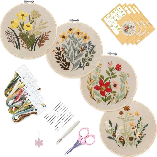 Miniatura 14 de Bonroy 4 juegos de kit de bordado para principiantes de manualidades artísticas de costura fácil incluye ropa de bordado con patrón, aro, manual