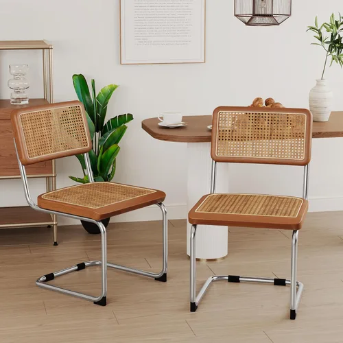 Miniatura 15 de Alunaune Juego de 2 sillas de comedor modernas de mediados de siglo, sillas de cocina tapizadas de ratán natural, sillas laterales sin brazos