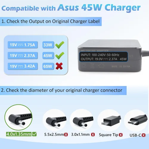 Miniatura 3 de 45W 19V 2.37A Adaptador de CA Cargador para portátil Cargador de repuesto para ASUS UX305 UX305L UX305F UX305C UX303U UX330 UX330U X331UA UX360C
