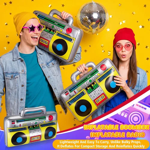 Miniatura 7 de meekoo 3 piezas inflables de radio Boombox decoraciones de fiesta, 16.5 pulgadas, accesorios de radio retro de los años 80 y 90 para raperos, tema