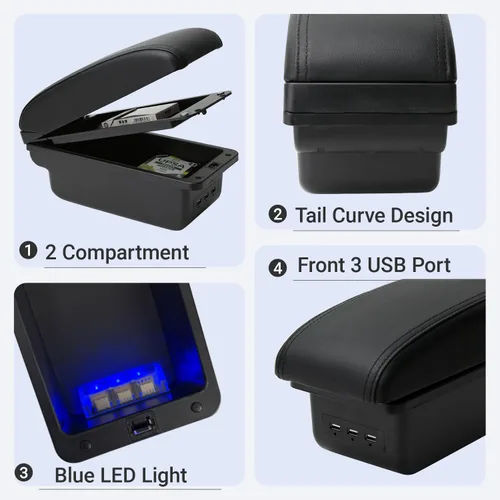 Miniatura 2 de Reposabrazos de Consola para Mini Cooper Coupe R50 R52 R53 R56 R57 R58 F55 F56 F57 Countryman (3 USB, Negro)