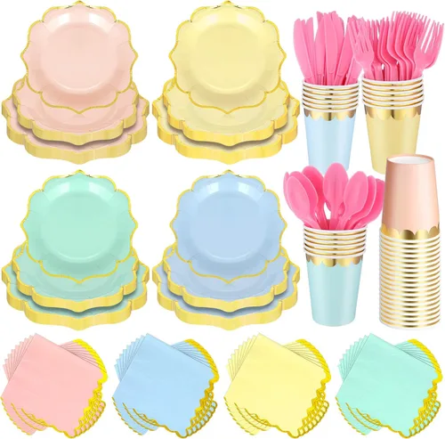 Yaomiao Juego de 336 platos y servilletas, suministros para fiestas, platos festoneados, vasos, servilletas con tenedores de plástico, cuchillos,