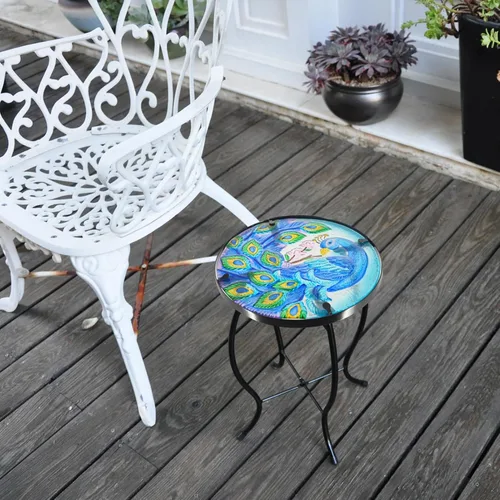 Miniatura 2 de Mesa auxiliar redonda para exteriores, mesa auxiliar de metal, mesa de cristal, mesa de té, mesita de noche para sala de estar, dormitorio, uso