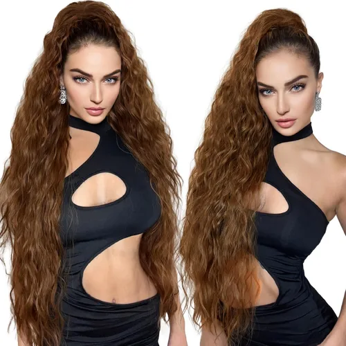 Miniatura 15 de HOOJIH Extensión de cola de caballo, extensiones de cabello con cordón para cola de caballo de 26 pulgadas de largo, pelo rizado y ondulado natural