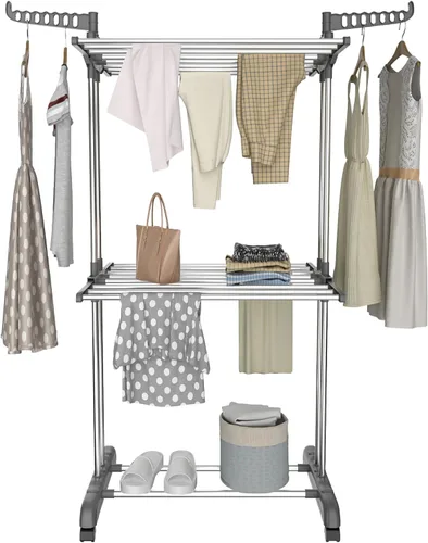 Miniatura 7 de Bigzzia Estante de secado de ropa de 3 niveles, estante de secado de lavandería de 57 pulgadas, estante plegable de acero inoxidable para niños, Gris