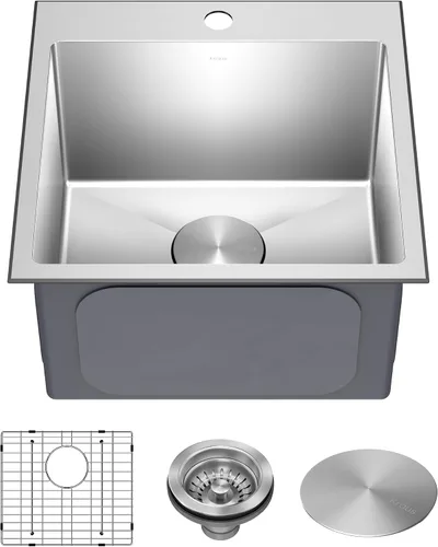 Kraus Standart PRO - Fregadero de cocina de acero inoxidable de calibre 16 con tazón individual para bar, montaje superior/inferior de 18 pulgadas,
