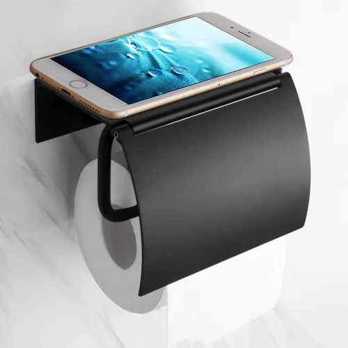 Soporte de papel higiénico negro mate montado en la pared con estante para teléfono, soporte universal moderno para papel higiénico de megarrollo,