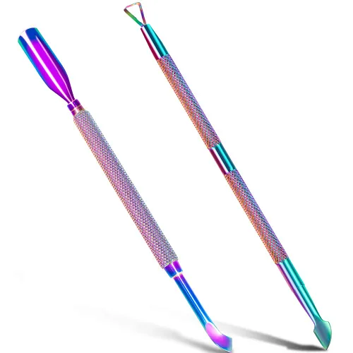 Miniatura 20 de 2 piezas de empujador y raspador de cutículas de metal (sirena azul y púrpura), cortador de uñas, herramienta raspadora de gel de acero inoxidable