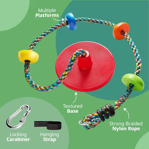 Miniatura 4 de Jungle Gym Kingdom Columpio de árbol para niños, asiento de un solo disco y cuerda de escalada arcoíris con mosquetón y correa de 4 pies, accesorios