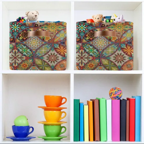 Miniatura 6 de Cesta de almacenamiento con diseño étnico bohemio y floral de mandala grande, caja de almacenamiento plegable para juguetes, organizador de ropa