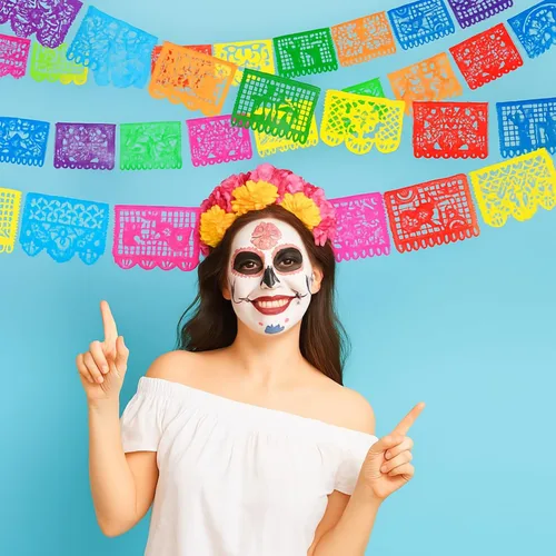 Miniatura 2 de 4 paquetes de pancartas de fiesta mexicana de 60 pies, pancarta de papel picado de plástico para fiesta, cinco de mayo, día de los muertos