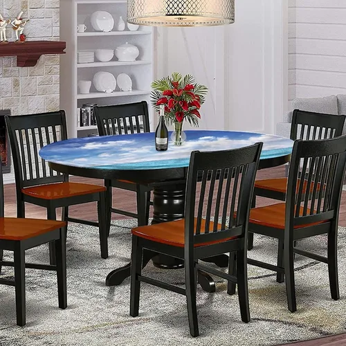 Miniatura 2 de XISUNYA Mantel ovalado ajustable para mesa de patio, poliéster elástico en el océano, mantel ajustable con estampado de tranquilidad para temporada