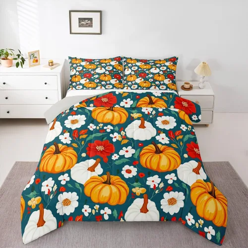 Miniatura 17 de Erosebridal Juego de edredón individual de pavo de Acción de Gracias, juego de ropa de cama de calabaza con hojas de otoño para niños y adultos