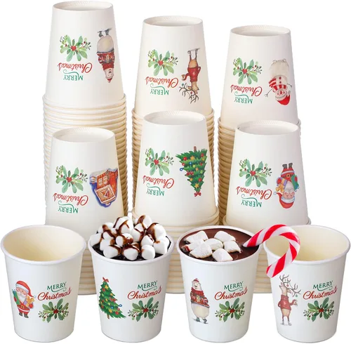 Hotop 120 tazas de Navidad de 9 onzas, árbol de muñeco de nieve de Papá Noel, oso polar, alce, suministros para fiestas, desechables, café, té,