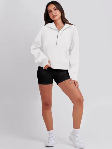 Miniatura 6 de ANRABESS Sudaderas recortadas para mujer, con media cremallera, forro polar, con cremallera de un cuarto, ropa de otoño 2023, suéter con agujero