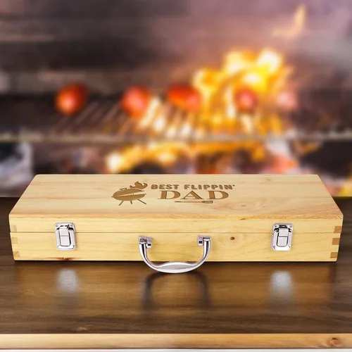 Miniatura 9 de Juego de parrilla BBQ de 11 piezas con caja de madera de arce grabada, herramientas de barbacoa de acero inoxidable premium con mangos de madera