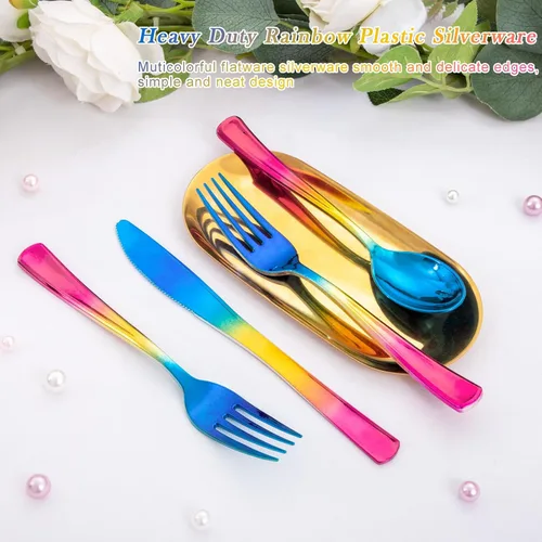 Miniatura 8 de Enjoylife - 120 cubiertos plásticos, cubiertos plásticos de arcoiris, dorado y azul (arcoiris)