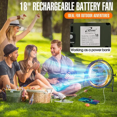 Miniatura 2 de iLiving 18" Ventilador de piso recargable con batería para acampar, ventilador portátil de alta velocidad para exteriores con aspas de metal