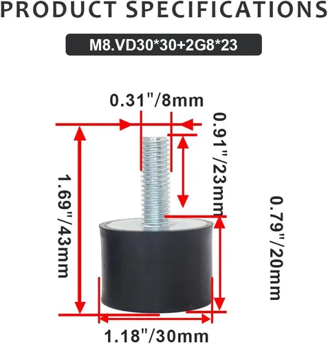 Miniatura 4 de 4 piezas M8 30 x 20 mm soportes de aislante de goma con un solo perno amortiguador con 4 piezas de tuercas de seguridad, soportes de aislamiento