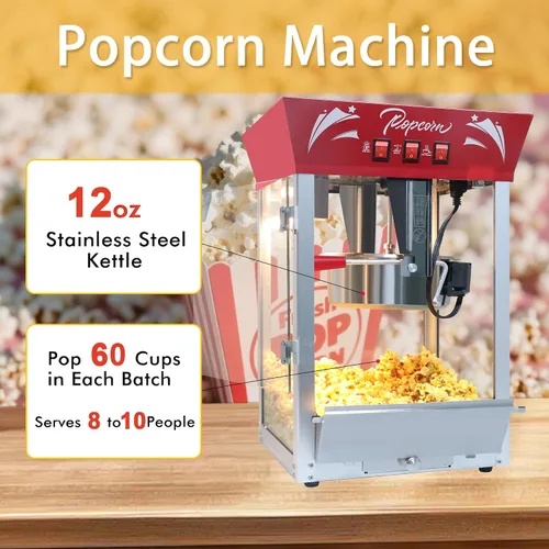 Miniatura 2 de Máquina comercial de palomitas de maíz de 12 onzas con luz de calentamiento, hace 60 tazas, máquina de acero inoxidable estilo teatro con vidrio