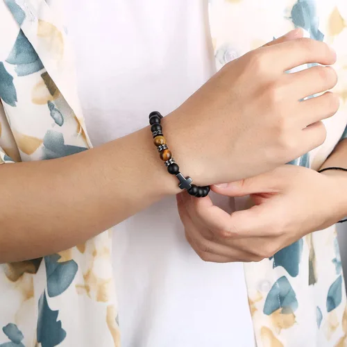 Miniatura 2 de Pulseras de cruz para hombres, piedra natural, ojo de tigre, pulsera elástica para mujeres y hombres, alivio del estrés, confirmación, regalo