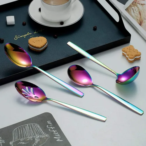Miniatura 4 de HOMQUEN Juego de 4 cucharas de postre arcoíris de acero inoxidable de 7.5 pulgadas de diseño moderno, chapado en titanio colorido, apto