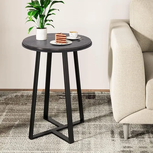 Mesa auxiliar redonda Dorriss, mesa lateral pequeña de color gris con tapa de MDF, estructura metálica negra, mesa auxiliar alta para dormitorio,