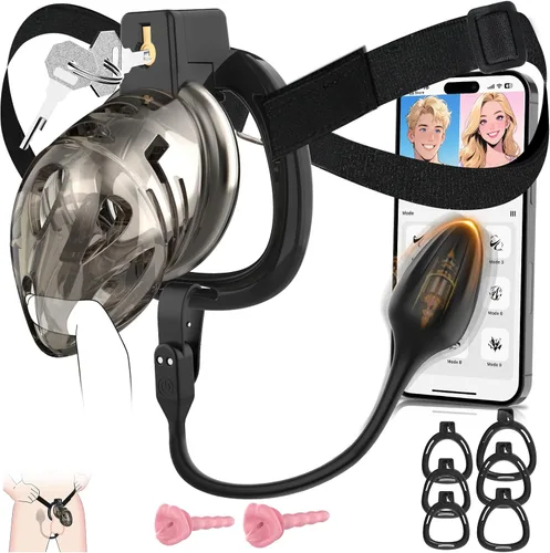 Jaula de Castidad Masculina - Jaula de Pene Suave y Ligera con Anillos de 6 Tamaños, Correa Negra, Vibrador Controlado por App, Cómodo Dispositivo