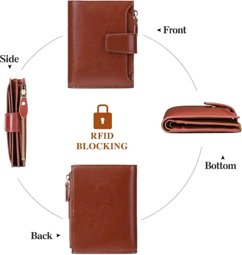 Miniatura 4 de FALAN MULE - Cartera de cuero auténtico para mujer pequeña plegable compacta con interferencia de radiofrecuencia RFID